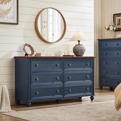 Farmhouse Dressers & Night Stand Set of 4, Wood 54" Wide 6 Drawer Dresser & 45" Tall Chest of Drawers, 18" Roman Column Nightstand Set of 2, Bedroom Furniture Dresser Sets for Home Living Room Hallway