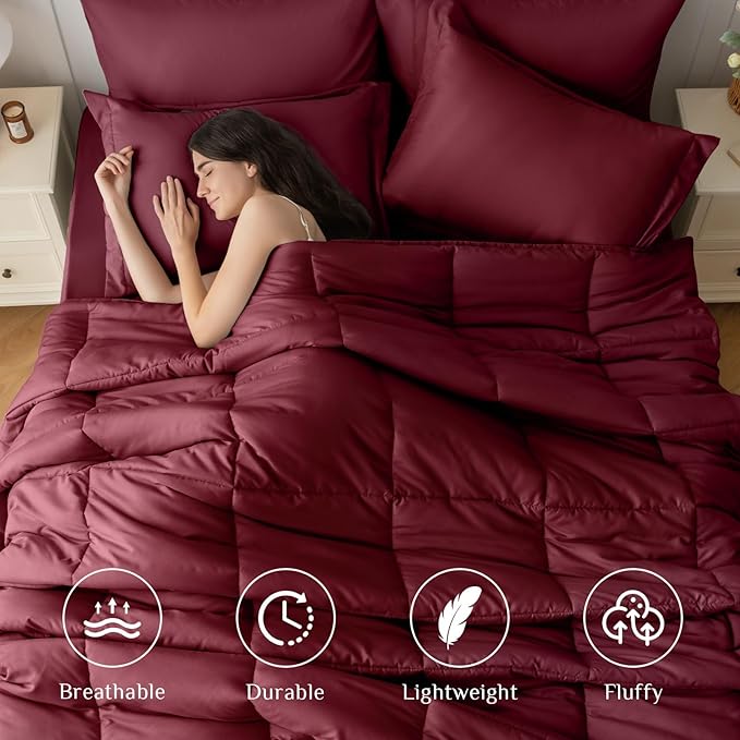 JOLLYVOGUE King Comforter Set, Ultra-Soft Bed in a Bag King Size 7 Pieces, Oeko-TEX Certified Bedding Set with Down Alternative Comforter, Sheets, Pillowcases & Shams, Burgundy