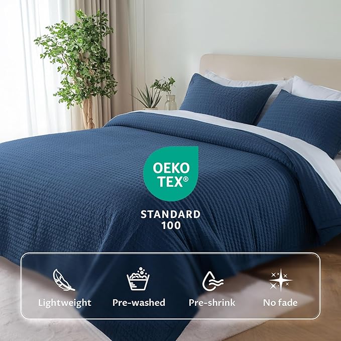 KASENTEX King XL Quilt Set 108"x98" – Soft Washed 3-Layer Lightweight Bedspread, Minimalist Nordic Design, All-Season Spring & Summer Quilt Set (1 Quilt + 2 Pillow Shams),Dress Dark Blue