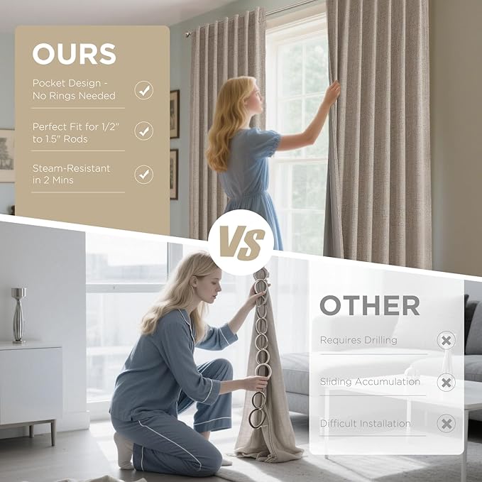 Joydeco Linen Blackout Curtains for Bedroom - 100% Light Blocking 1 Panels, Linen Drapes 70" W x 108" L, Thermal Insulated Room Darkening Curtains for Living Room, Rod Pocket & Back Tabs