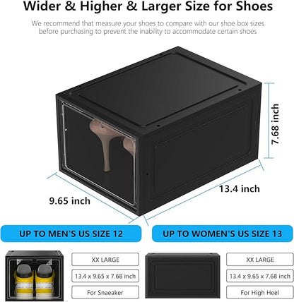12 Pack Hard Sturdy Thickened Rigid XX Large Shoe Storage Organizer for Closet, Clear Stackable Sneaker Shoe Boxes Rack Containers Display Case Bins with Lids, Black03