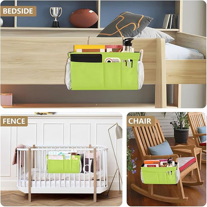 KOPIRIT Neon Yellow Bedside Caddy Storage Bag Bedside Organizer for Headboards Bunk Beds Organizer Caddy Hanging Shelf 6 Pockets with Hooks for Magazine Water Bottle Holder