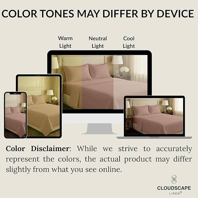 Cloud Scape Linen 100% Egyptian Cotton Split King Sheet Set for Adjustable Bed,400 Thread Count, 5 Pcs Bedding Set, Soft, Breathable and Durable, Deep Pockets up to 17, Sepia Rose