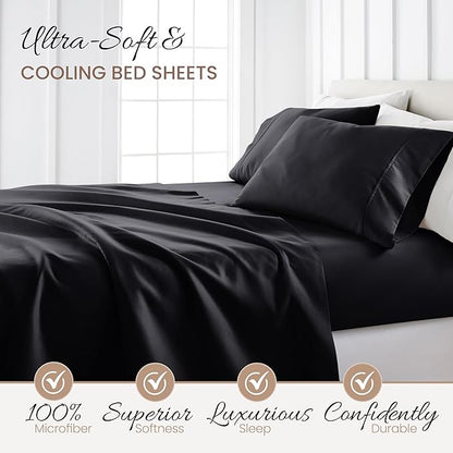 Linen Market Brushed Microfiber Queen Sheet Set 4 Piece – Oeko-TEX Certified Ultra Soft & Wrinkle-Free - 16" Deep Pocket Sheets - Easy Care Queen Size - Black