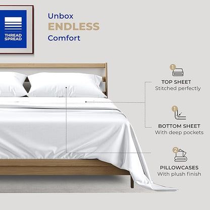 THREAD SPREAD 100% Cotton Sheets Full Size Set - 400 Thread Count 4 PC Full Size Sheet Sets Cotton, (White), Ultra Soft, Breathable, Cooling, Sateen Weave 16" Deep Pocket Bedsheet for Hot Sleepers