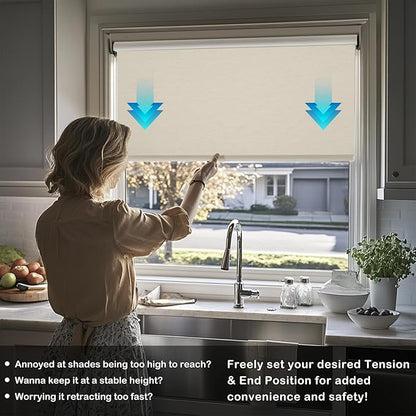 HESTIA No Drill Cordless Blackout Roller Shades Screwless Waterproof Shower Window Blinds, Auto-Retraction Easy Install Blind for Bedroom/Living Room/Kitchen, Cream Linen, 29.5" W x 72" H