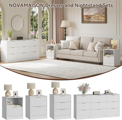9 Drawer Dresser & Nightstand Set 3-Piece, 63” Wide Bedroom Set Night Stand Set of 2 with Metal Handle, Fluted Modern Wood Chest of Drawers Storage Dressers Set for Bedroom, White
