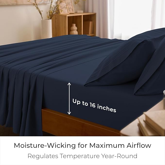 Mellanni Twin XL Sheet Set - 4-Piece Iconic Collection Bedding, (Including 2 Pillowcases), 16-Inch Deep Pocket, Easy Care, Extra Soft, Cooling Sheets, Brushed Microfiber - Navy Blue