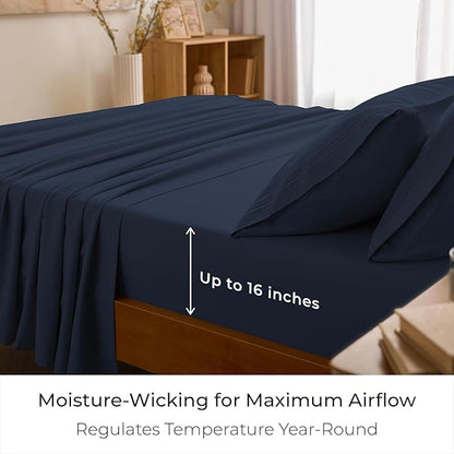 Mellanni Full Sheet Set - 6-Piece Iconic Collection Bedding, (Including 4 Pillowcases), 16-Inch Deep Pocket, Easy Care, Extra Soft, Cooling Sheets, Brushed Microfiber - Navy Blue