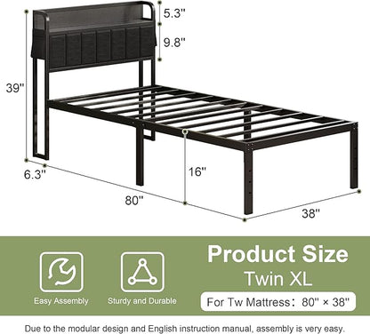 16 Inch Twin XL Bed Frames with Storage Headboard, Modern Design Metal XL Twin Bed Frame No Box Spring Needed, Easy Assembly, Black