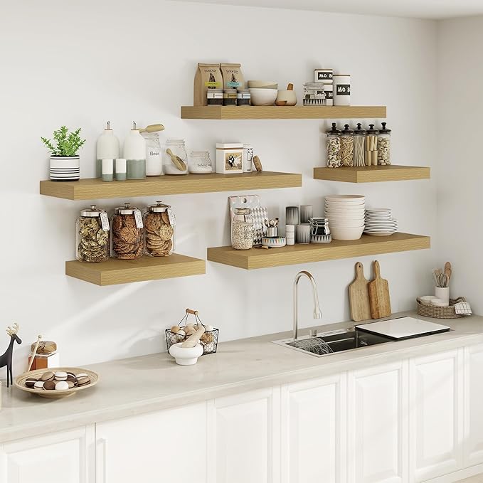 Heimlove Bathroom 12'' Deep Floating Shelves for Wall - Shelf Over Toilet Mounted Farmhouse 24 inches,Rustic Wood Shelves Decor & Storage Set of 1 Oak