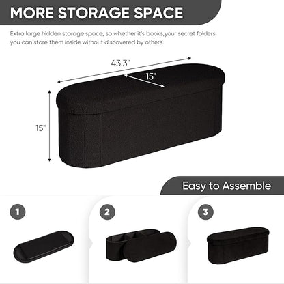 B FSOBEIIALEO Ottoman with Storage for Living Room, Sherpa Folding Storage Ottoman Foot Rest, 43.3 Inches Collapsible Bedroom Bench Black