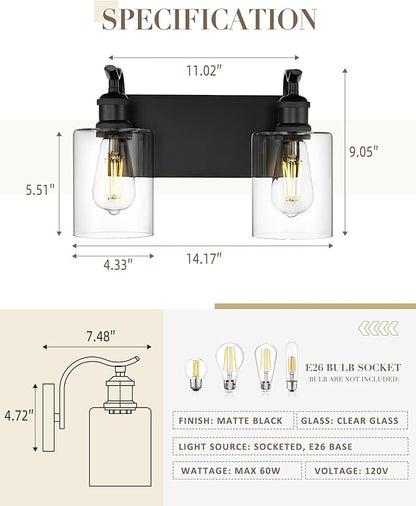 2-Light Black Bathroom Light Fixture Over Mirror, Modern Vanity Light, Clear Glass Wall Sconce, VL01BK-2