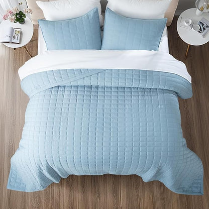 KASENTEX Quilt Bedding-Coverlet-Blanket-Set, Machine Washable, Ultra Soft, Lightweight, Stone-Washed, Detailed Stitching-Solid Color, King + 2 Shams, Grey Blue