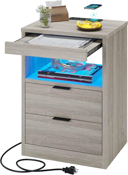 Tiptiper LED Nightstand with Wireless Charging Station, Farmhouse Nightstand with LED Light, Rustic End Table Side Table with Drawers, Pull-Out Tray and Open Storage, Grey Wood Grain