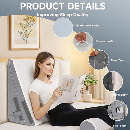Bed Wedge Pillow for Sleeping, 3 Pcs Adjustable Height 4.5&7.5&12 Inch Triangle Pillow Wedge for Post Surgery, Acid Reflux, Snoring, Legs Pain Relief (Dark Gray)