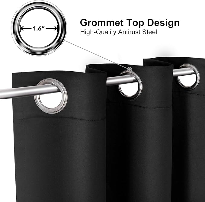 ChrisDowa Grommet Blackout Curtains for Bedroom and Living Room - 2 Panels Set Thermal Insulated Room Darkening Curtains (Black, 52 x 72 Inch)