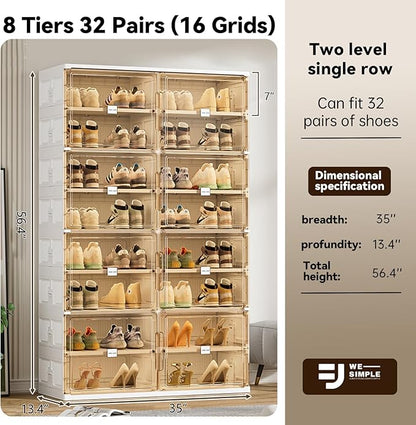 32 Pairs Shoes Storage Cabinet of 3-Step Fast Installation,Plastic Shoe Rack with Clear Magnetic Door for Display, Shoe Organizer for Sneaker, Sandals, Heels (2 Row, 8 Tier)