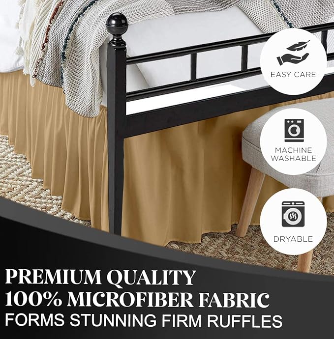 Ruffled Bed Skirt with Split Corners, Taupe, Queen 16 Inch Drop Bedskirt, Hotel Quality Brushed Microfiber Wrinkle Free Dust Ruffle Bed Skirt Queen Size