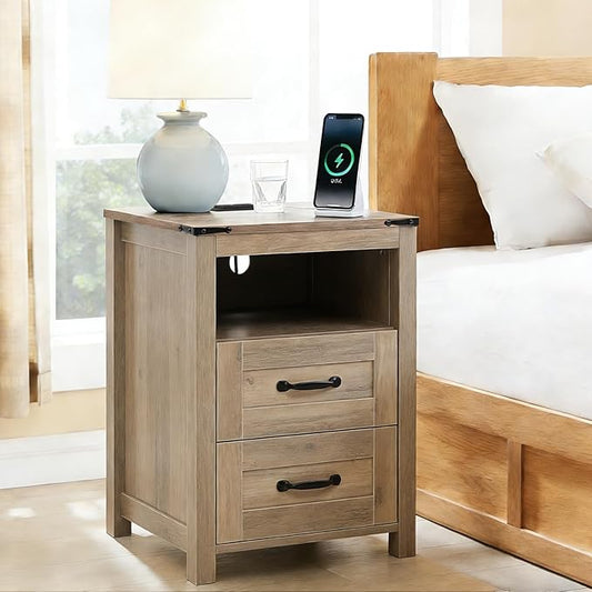 Puntogen Sierra Night Stand, Rustic End Table with Charging Station, Farmhouse Tall Nightstand for Bedroom, Drawer Dresser Bedside Table with Open Storage Shelf