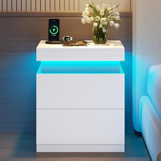 ADORNEVE White Nightstand with Charging Station and LED Lights,Night Stand with Sliding Top,Bedside Table with 2 Drawers,Modern End Side Table for Bedroom