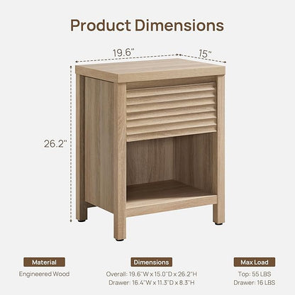 SICOTAS Fluted Nightstands Set of 2-19.6" Wide Wooden Night Stand with Drawer and Storage Shelf, Modern Bedside Table with Thick Top, Boho End Bed Side Tables for Bedroom, Light Oak