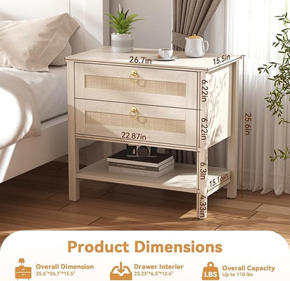 CMFYDAILY Wooden Nightstand Set of 2, Boho Side Tables with 2 Woven Rattan Drawers and Storage Shelf, Bedside Tables for Bedroom, or Home Office