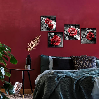 VANSEEING 4 Pieces Red and Black Rose Flower Canvas Wall Art Floral Pictures Prints Modern Romantic Artwork Wall Decor for Valentine's Day Living Room Bedroom 12x12inchx4Pcs