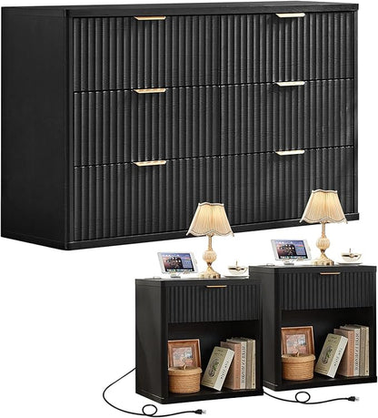 LEYAOYAO 48" Wide Fluted Dresser and 1 Drawers 23" Nightstand Set of 2, Wooden Dresser & Night Stand with Charging Station, 3 Piece Bedroom Furniture Set, Chest of Drawer for Living Room,Black