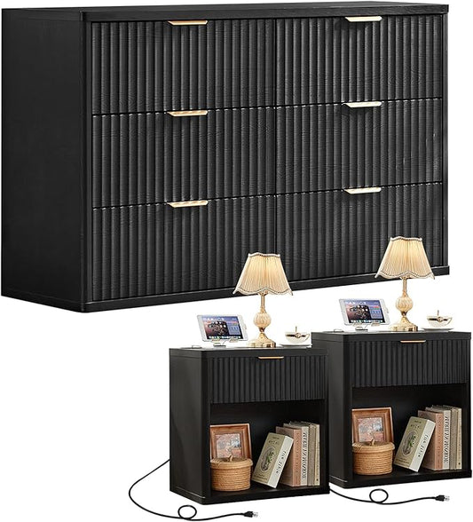 LEYAOYAO 48" Wide Fluted Dresser and 1 Drawers 23" Nightstand Set of 2, Wooden Dresser & Night Stand with Charging Station, 3 Piece Bedroom Furniture Set, Chest of Drawer for Living Room,Black