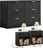LEYAOYAO 48" Wide Fluted Dresser and 1 Drawers 23" Nightstand Set of 2, Wooden Dresser & Night Stand with Charging Station, 3 Piece Bedroom Furniture Set, Chest of Drawer for Living Room,Black