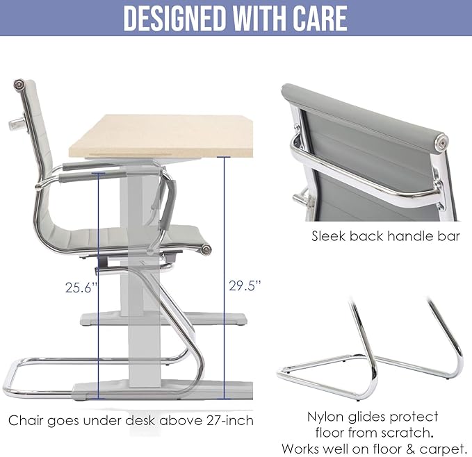Wahson Office Guest Chairs Set of 8, Leather Reception Chairs, Mid Back Waiting Room Chair, Conference Chairs with Sled Base, Desk Chair No Wheels for Meeting/Lobby/Restroom, Grey