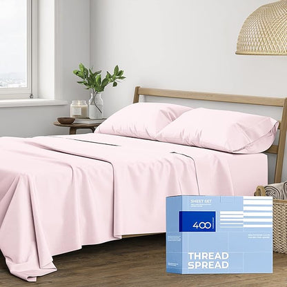 THREAD SPREAD 100% Cotton Sheets Full Size Set - 400 Thread Count 4 PC Full Size Sheet Sets Cotton, (Blush), Ultra Soft, Breathable, Cooling, Sateen Weave 16" Deep Pocket Bedsheet for Hot Sleepers