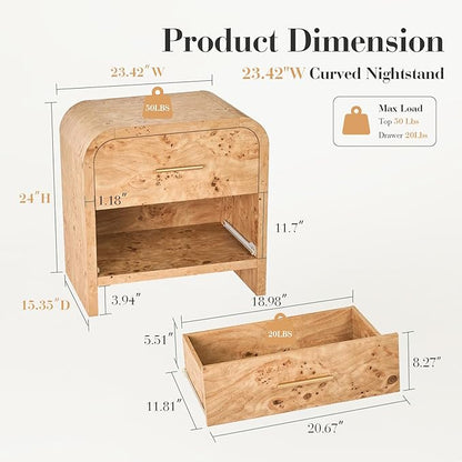 Night Stand Set of 2 [Unique Curved Profile] [FSC-Certified Wooden Board] 2-Drawer Nightstand 24" H Metal Handle Modern Sturdy Bedside Table Side Table End Table