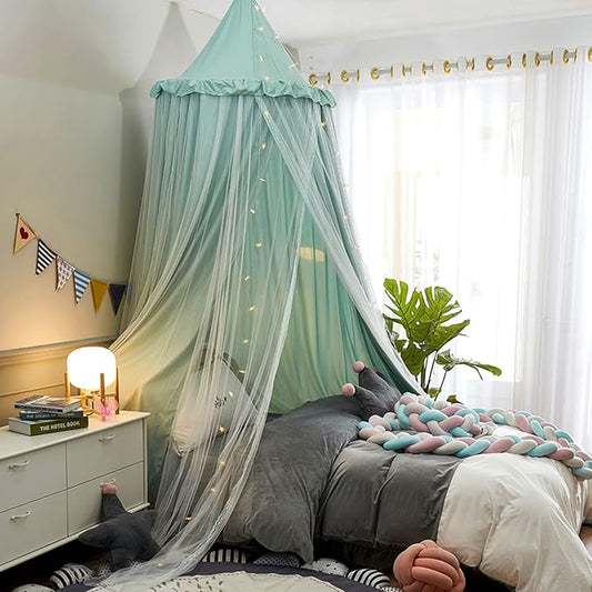 VETHIN Bed Canopy for with Lights,Double Layer Princess Round Dome Dreamy Mosquito Net Bedding Girls Room Castle Play Tent Hanging House Decor Reading Nook Canopies(Green/White)