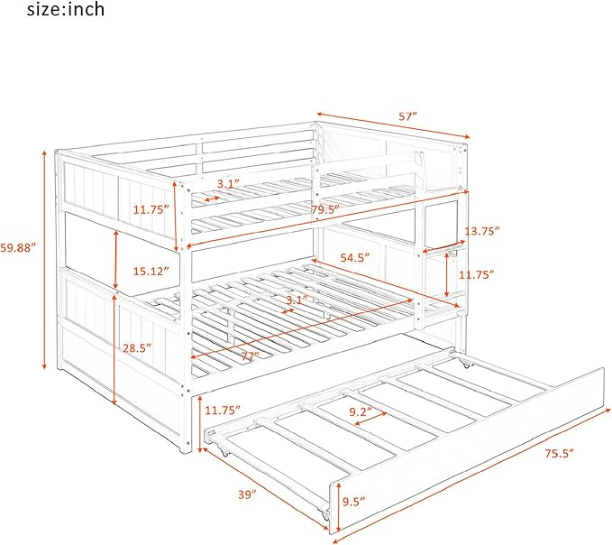 Upgraded Version Best Full Over Full Bunk Bed with Trundle, Thicken Solid Wood Full Size Bunk Bed, Bunkbed Frame Full Over Full, Convertible to 2 Beds, Easy Assembly for Adults (Walnut)