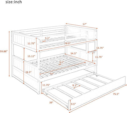 Upgraded Version Best Full Over Full Bunk Bed with Trundle, Thicken Solid Wood Full Size Bunk Bed, Bunkbed Frame Full Over Full, Convertible to 2 Beds, Easy Assembly for Adults (Walnut)