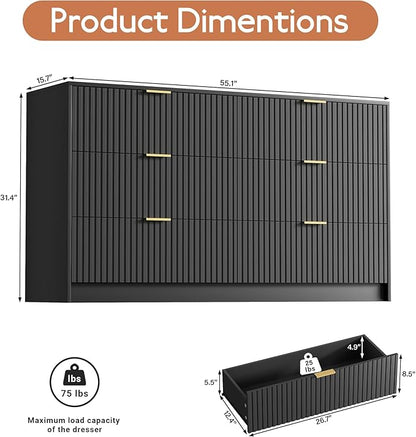 Black Dresser for Bedroom, Modern Dresser with 6 Drawers and Smooth Slides, Wide Chest of Drawers with Golden Handles for Bedroom, Living Room, Closet, 15.7" D x 55.1" W x 31.4" H