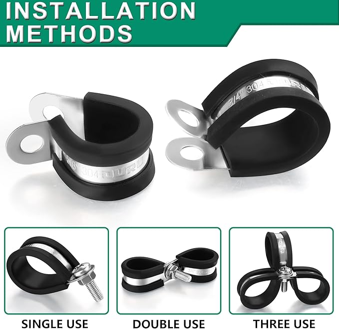 30PCS Stainless Steel Cable Clamps 9 Sizes—1/8" 3/16" 1/4" 5/16" 3/8" 1/2" 5/8" 3/4" 1" Rubber Coated Cushioned Insulated Cable Clamp,Automotive Cable Wire Clamps,Pipe Clamps(Black)