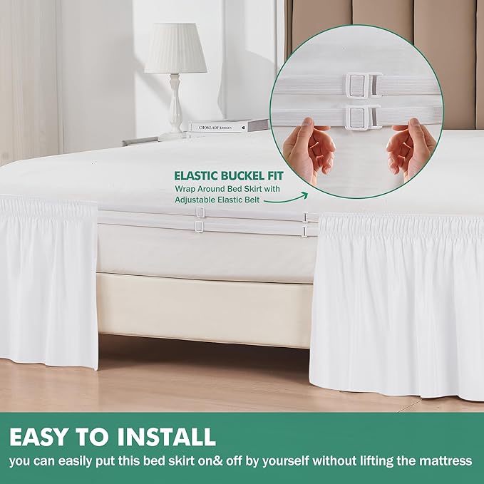 Biscaynebay Wrap Around Bed Skirts with Split Corners for Queen Beds 14" Drop, White Elastic Dust Ruffles Adjustable Easy Fit Wrinkle & Fade Resistant Silky Luxurious Fabric Machine Washable