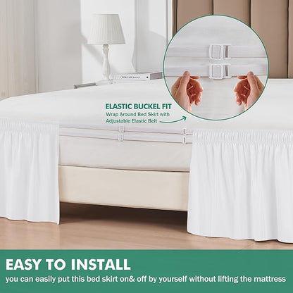 Biscaynebay Wrap Around Bed Skirts with Split Corners for Queen Beds 14" Drop, White Elastic Dust Ruffles Adjustable Easy Fit Wrinkle & Fade Resistant Silky Luxurious Fabric Machine Washable
