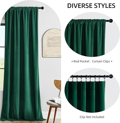 Joydeco Dark Green Velvet Curtains 90 inch Length 2 Panels Burg Set, Luxury Rod Pocket Thermal Insulated Window Blackout Curtain, Room Darkening Drapes for Living Dining Room Bedroom Privacy