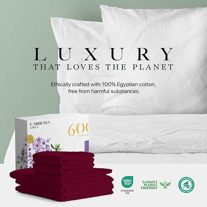 Carressa Linen Split King Sheets Sets for Adjustable Bed - 100% Egyptian Cotton 600 Thread Count 5 PC Top Split King Sheet Set (Burgundy), 16" Deep Pocket Silky Soft Cooling Luxury Hotel Sheets