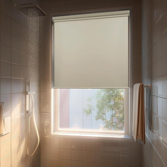 HESTIA No Drill Cordless Blackout Roller Shades Screwless Waterproof Shower Window Blinds, Auto-Retraction Easy Install Blind for Bathroom/Kitchen/Office/Exterior, Cream, 55.5" W x 72" H