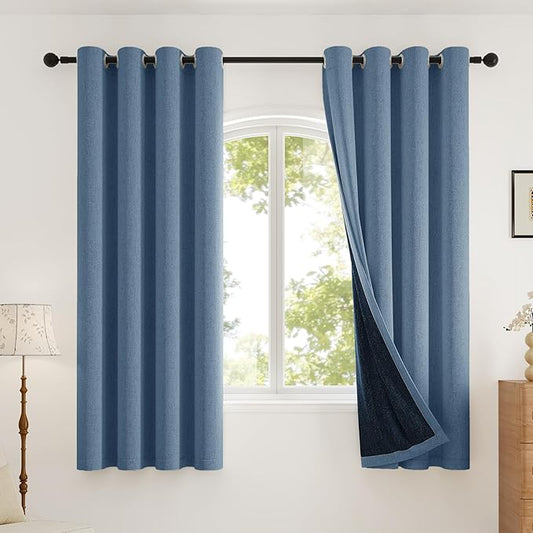 100% Blackout Curtains Thick Soft Curtain 2 Panels for Bedroom, Linen-Look Textured Full Light Blocking Room Darkening Thermal Insulated Drapes for Bathroom/Kitchen Windows (W52xL45, Blue)