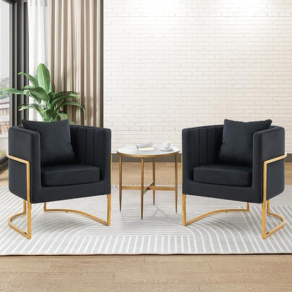 Velvet Modern Accent Chair, Upholstered Barrel Armchair Mid Century with Pillow for Living Room, Comfy Single Vanity Chair with Metal Gold Legs for Bedroom, Black