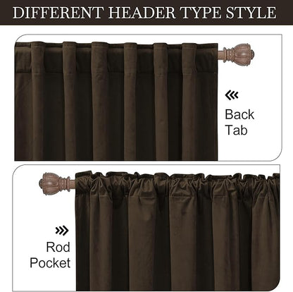 RYB HOME Brown Velvet Curtains 90 inches, Back Tab Soft Fabric Blackout Thermal Insulated Luxurious Home Decor Curtains for Living Room Bedroom, W 52" x L 90", 2 Panels Set