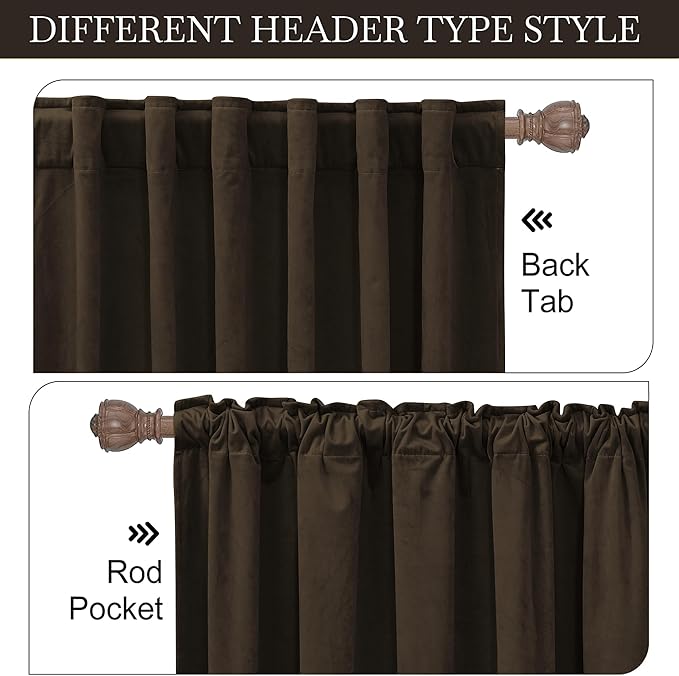 RYB HOME Brown Velvet Curtains 96 inches, Back Tab Soft Fabric Room Darkening Thermal Insulated Luxurious Home Decor Curtains for Living Room Bedroom, W 52" x L 96", 2 Panels Set