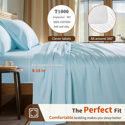 LBRO2M 1000 Thread Count 100% Egyptian Cotton Sheets Set Twin XL, 3 Piece Sets Bed Sheet Deep Pocket Sheet Set 16" Soft Comfortable All Season (Twin XL, Light Blue)
