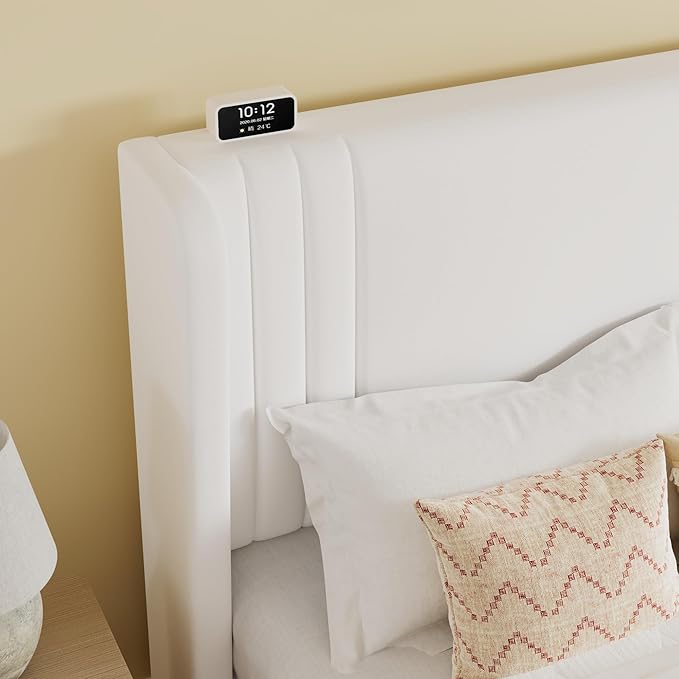 SHA CERLIN Full Size Velvet Upholstered Platform Bed Frame with Vertical Channel Tufted Wingback Headboard, Wooden Slats Support, Easy Assembly, Under Bed Storage, No Box Spring Required, White